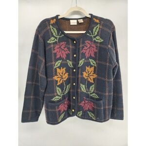 CC Hughes Vintage Floral Plaid Knit Cardigan Sweater Navy Blue Gold Button S